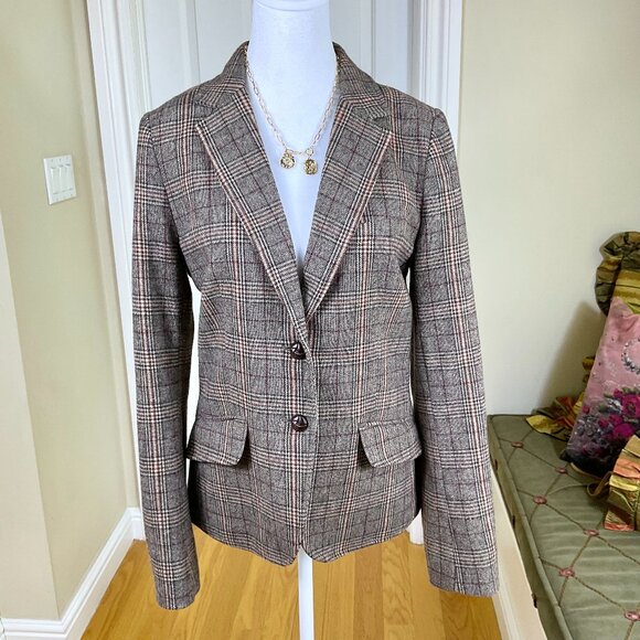 H&M Blazer Plaid Brown Wool Blend Single Breasted Elbow Patches LOGG (8) - Picture 1 of 8